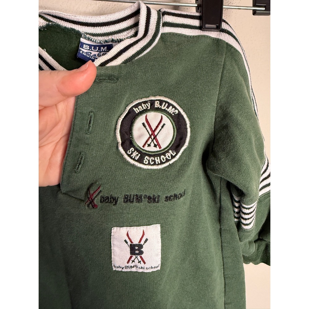 Vintage B.U.M. Equipment Baby Ski School Green Fleece Button Romper 12 Months - Picture 4 of 5